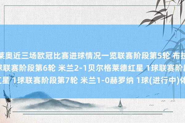 莱奥近三场欧冠比赛进球情况一览联赛阶段第5轮 布拉迪斯拉发2-3米兰 1球联赛阶段第6轮 米兰2-1贝尔格莱德红星 1球联赛阶段第7轮 米兰1-0赫罗纳 1球(进行中)体育录像/图片